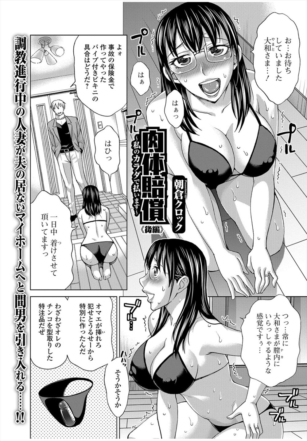 【エロ漫画】チンコを型取りした特注バイブ付きビキニを着た人妻が焦らされ全身性感帯になり旦那の前で他人棒挿入を懇願！