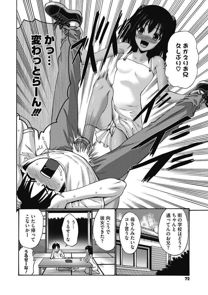 【エロ漫画】里帰りした兄に電気アンマしてくる男勝りな日焼け跡のペチャパイ妹が過激に甘え流れのままに中出し近親相姦！