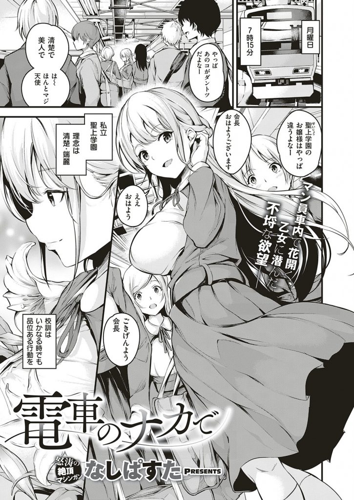 【エロ漫画】清楚淡麗でお上品なJKが下衆男に盗撮写真で痴漢行為を要求され電車の中で快楽調教されて下品な露出痴女堕ち！